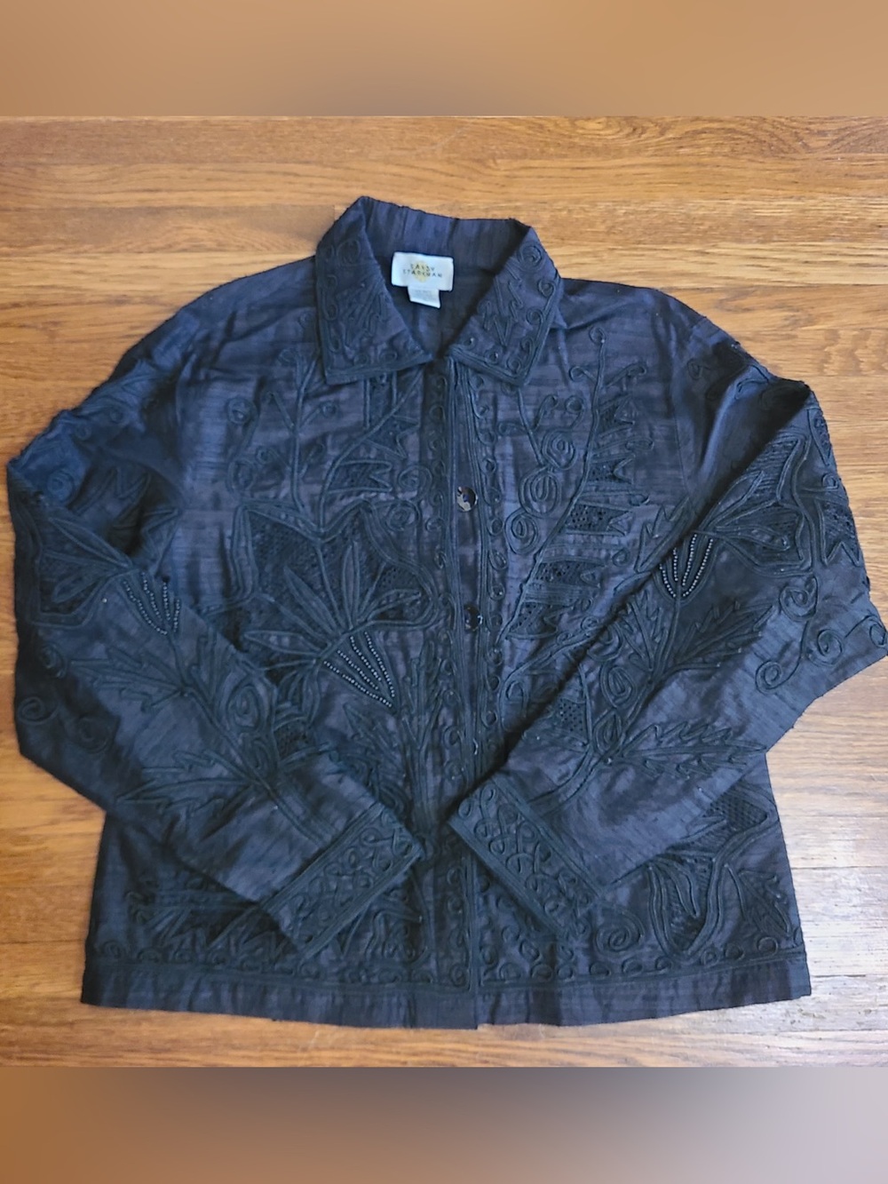 Vtg sandy starkman M 100% silk jacket blazer black beaded art to wear elegant